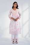 Shop_Roze_Pink Kurta And Pant Pure Cotton Printed Floral Leaf Neck Nyla Pattern Set _Online_at_Aza_Fashions