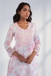 Buy_Roze_Pink Kurta And Pant Pure Cotton Printed Floral Leaf Neck Nyla Pattern Set _Online