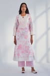 Buy_Roze_Pink Kurta And Pant Pure Cotton Printed Floral Round Raya Set _Online_at_Aza_Fashions