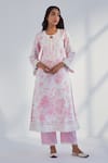 Shop_Roze_Pink Kurta And Pant Pure Cotton Printed Floral Round Raya Set _Online_at_Aza_Fashions