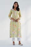 Roze_Green Kurta And Pant Pure Cotton Printed Floral Notched Sahar Set _Online