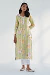 Buy_Roze_Green Kurta And Pant Pure Cotton Printed Floral Notched Sahar Set _Online