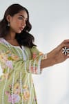 Shop_Roze_Green Kurta And Pant Pure Cotton Printed Floral Notched Sahar Set _Online