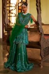 Buy_EEKSHA_Green Net Embroidered Resham Embellished Peplum Kurta Sharara Set  _at_Aza_Fashions