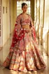 Buy_EEKSHA_Red Raw Silk Embroidered Dabka Leaf Mosaic Bridal Lehenga Set  _at_Aza_Fashions