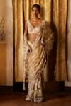 Buy_EEKSHA_Gold Lace Embroidered Sequins Pearl Embellished Saree With Blouse  _at_Aza_Fashions