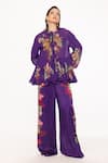 Buy_EEKSHA_Purple Silk Satin Printed Botanical Collar Tie Up Top And Pant Set _at_Aza_Fashions