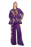 Buy_EEKSHA_Purple Silk Satin Printed Botanical Collar Tie Up Top And Pant Set _Online_at_Aza_Fashions