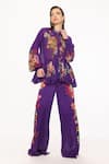 EEKSHA_Purple Silk Satin Printed Botanical Collar Tie Up Top And Pant Set _at_Aza_Fashions