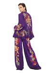 Shop_EEKSHA_Purple Silk Satin Printed Botanical Collar Tie Up Top And Pant Set 