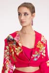 Shop_EEKSHA_Fuchsia Silk Satin Printed Floral Collar Cropped Blazer Pant Set _at_Aza_Fashions