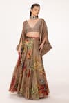 Buy_EEKSHA_Beige Satin Organza Embroidered Cowl Blouse And Lehenga Skirt Set  _at_Aza_Fashions