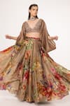 Buy_EEKSHA_Beige Satin Organza Embroidered Cowl Blouse And Lehenga Skirt Set  