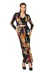 Buy_EEKSHA_Black Silk Satin Printed Botanical Collar Cropped Blazer Draped Skirt Set _Online_at_Aza_Fashions