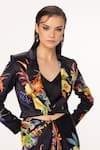 Shop_EEKSHA_Black Silk Satin Printed Botanical Collar Cropped Blazer Draped Skirt Set _at_Aza_Fashions