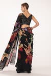 EEKSHA_Black Silk Satin Printed Floral V Saree With Blouse _Online_at_Aza_Fashions