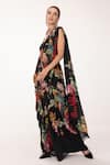 EEKSHA_Black Silk Satin Printed Floral V Saree With Blouse _at_Aza_Fashions