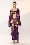 Shop_EEKSHA_Purple Silk Satin Printed Botanical Cape Open Capelet Knotted Skirt Set _Online_at_Aza_Fashions