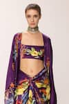 Shop_EEKSHA_Purple Silk Satin Printed Botanical Cape Open Capelet Knotted Skirt Set _at_Aza_Fashions