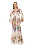 EEKSHA_Ivory Silk Satin Printed Victorian Floral V Dress _Online_at_Aza_Fashions