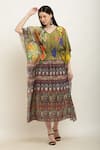 Aham-Vayam_Green Modal Silk Printed Floral V Geometric Batwing Sleeve Kaftan _Online_at_Aza_Fashions