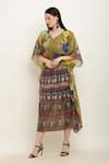 Shop_Aham-Vayam_Green Modal Silk Printed Floral V Geometric Batwing Sleeve Kaftan _Online_at_Aza_Fashions