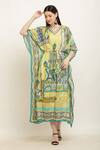 Shop Aham-Vayam Multi Color Modal, Silk V-neck Paisley Print Drawstring Waist Kaftan Online at Aza Fashions Shop_Aham-Vayam_Multi Color Modal, Silk V-neck Paisley Print Drawstring Waist Kaftan_Online_at_Aza_Fashions