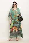 Buy_Aham-Vayam_Green Modal Silk Printed Floral V Neck Tie-up Waist Kaftan _at_Aza_Fashions