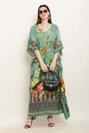 Aham-Vayam_Green Modal Silk Printed Floral V Neck Tie-up Waist Kaftan _Online_at_Aza_Fashions