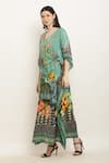Shop_Aham-Vayam_Green Modal Silk Printed Floral V Neck Tie-up Waist Kaftan _Online_at_Aza_Fashions