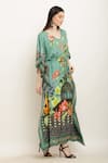 Aham-Vayam_Green Modal Silk Printed Floral V Neck Tie-up Waist Kaftan _at_Aza_Fashions