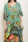 Buy_Aham-Vayam_Green Modal Silk Printed Floral V Neck Tie-up Waist Kaftan 