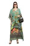 Shop_Aham-Vayam_Green Modal Silk Printed Floral V Neck Tie-up Waist Kaftan 