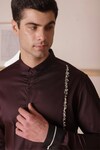 Shop_Lacquer Embassy_Maroon Cotton Satin Embellished Trim Merlot Placed Shirt _Online_at_Aza_Fashions