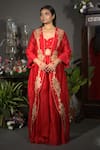 Buy_VikaByArvindAmpula_Red Chanderi Hand Embroidered Sequins Jacket Open Neck Pant Set  _at_Aza_Fashions