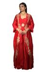 Shop_VikaByArvindAmpula_Red Chanderi Hand Embroidered Sequins Jacket Open Neck Pant Set  _at_Aza_Fashions