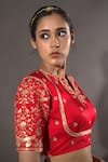 VikaByArvindAmpula_Red Linen Satin Hand Embroidered Sequins Notched Lehenga Set _Online_at_Aza_Fashions