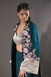 Buy_VikaByArvindAmpula_Green Velvet Embroidery Floral Overcoat Open Neck Blossom Pant Set _Online_at_Aza_Fashions