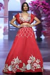 Buy_VikaByArvindAmpula_Red Linen Satin Embroidery Floral V Neck Flower Blouse With Lehenga _at_Aza_Fashions