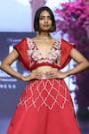 VikaByArvindAmpula_Red Linen Satin Embroidery Floral V Neck Flower Blouse With Lehenga _Online_at_Aza_Fashions