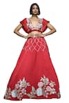 Buy_VikaByArvindAmpula_Red Linen Satin Embroidery Floral V Neck Flower Blouse With Lehenga _Online_at_Aza_Fashions