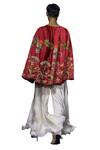 Buy_VikaByArvindAmpula_Red Linen Satin Embroidery Dandelion Cape Open Neck Sharara Set  