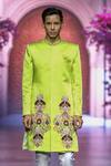 VikaByArvindAmpula_Green Linen Satin Embroidery Floral Flower Bouquet Sherwani With Pant  _Online_at_Aza_Fashions