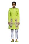 Buy_VikaByArvindAmpula_Green Linen Satin Embroidery Floral Flower Bouquet Sherwani With Pant  _Online_at_Aza_Fashions