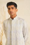Buy_Shreyansh Designs_Grey Dupion Silk Embroidery Bead Kairav Floral Bundi And Kurta Set 