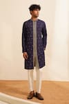 Buy_Shreyansh Designs_Blue Chanderi Silk Embellished Bead Mihir Vine Border Kurta With Pant _at_Aza_Fashions