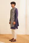 Shreyansh Designs_Blue Padma Silk Manik Floral Vine Embroidered Bundi Kurta Set  _at_Aza_Fashions