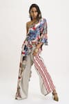 Shop_AK-OK_White Silk Printed Abstract Floral One Shoulder Top And Trouser Set  _Online