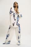 AK-OK_White Silk Printed Abstract Shawl Collar Blazer Pant Set _at_Aza_Fashions