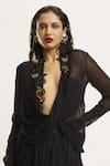 Buy_AK-OK_Black Silk Embellished Sequin Applique Open Blazer And Skirt Set  _Online